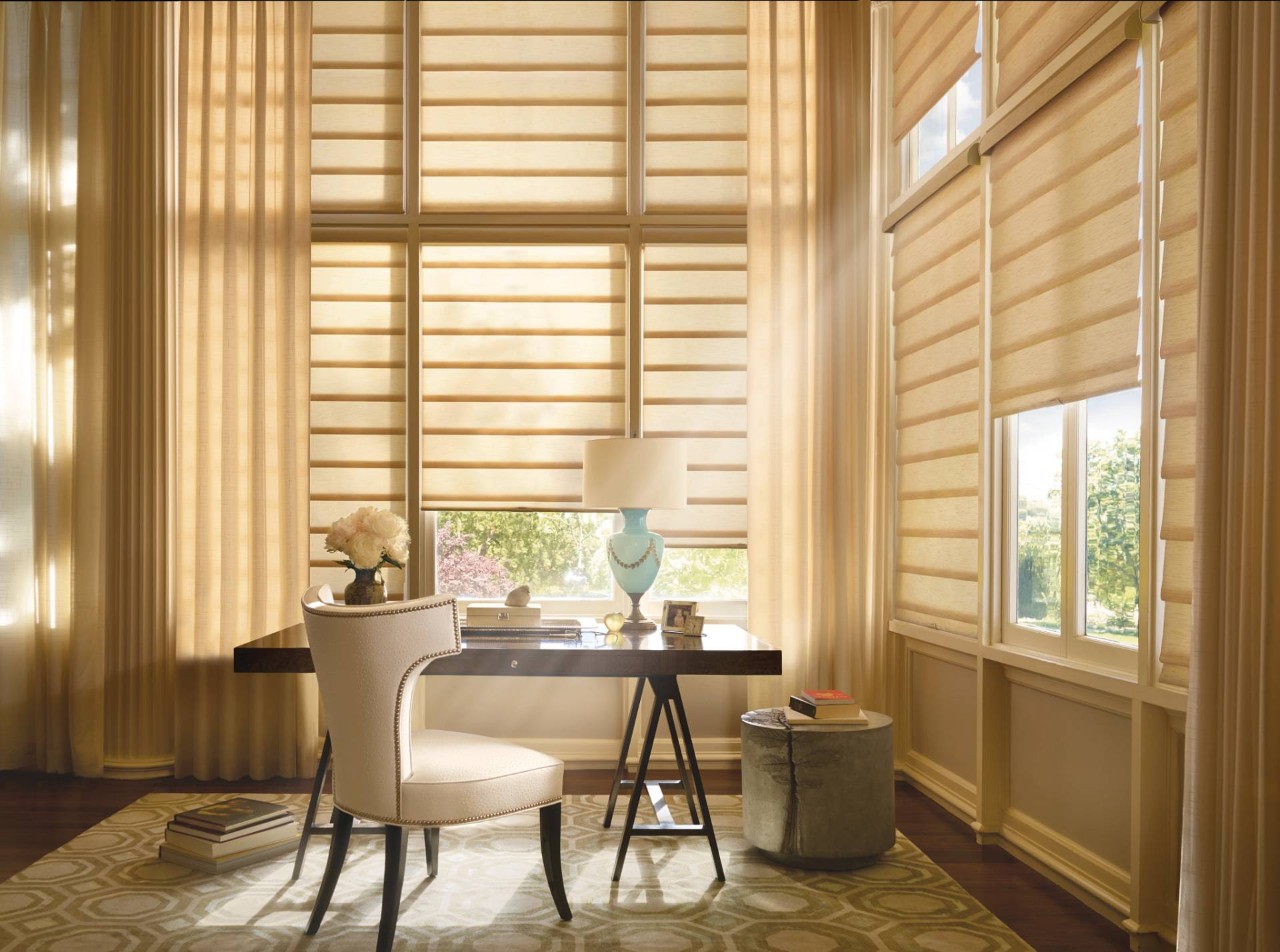 Hunter Douglas Vignette® Modern Roman Shades with curtains near El Dorado, California (CA)